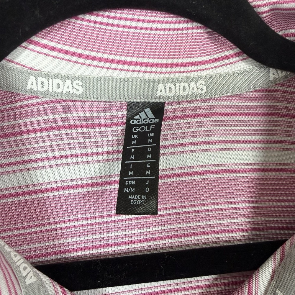 Adidas Golf Polo Shirt Mens Medium Pink White Striped Climalite Performance - Picture 3 of 7